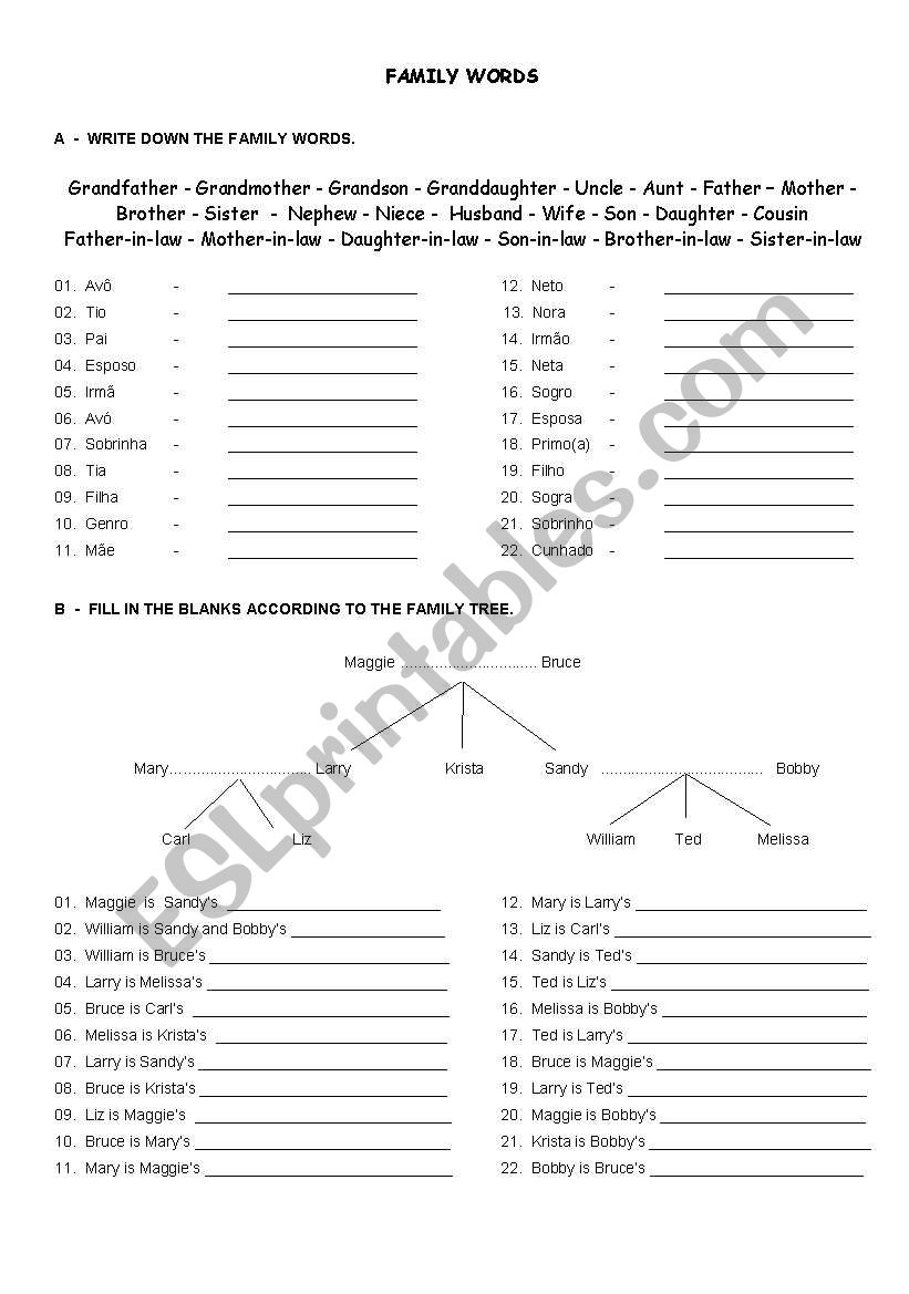 Family words worksheet