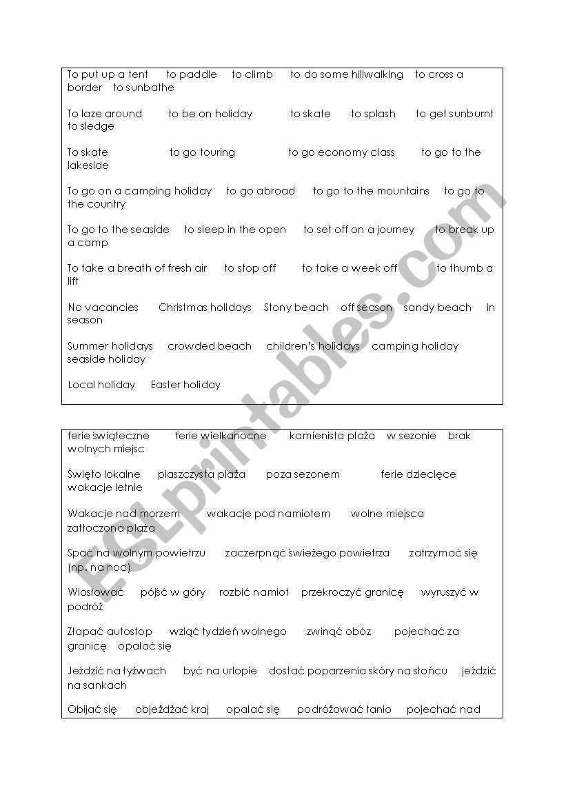 Holidays worksheet