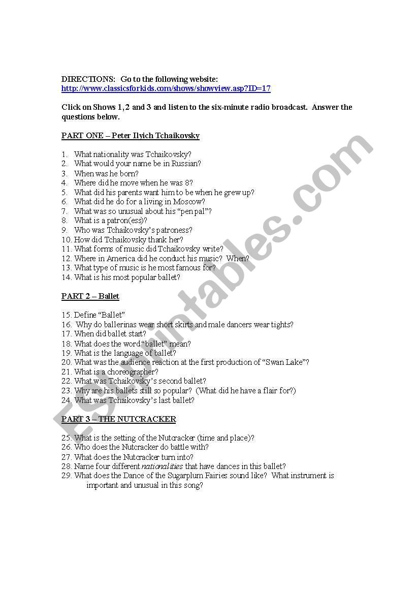 Tchaikovsky Questions worksheet