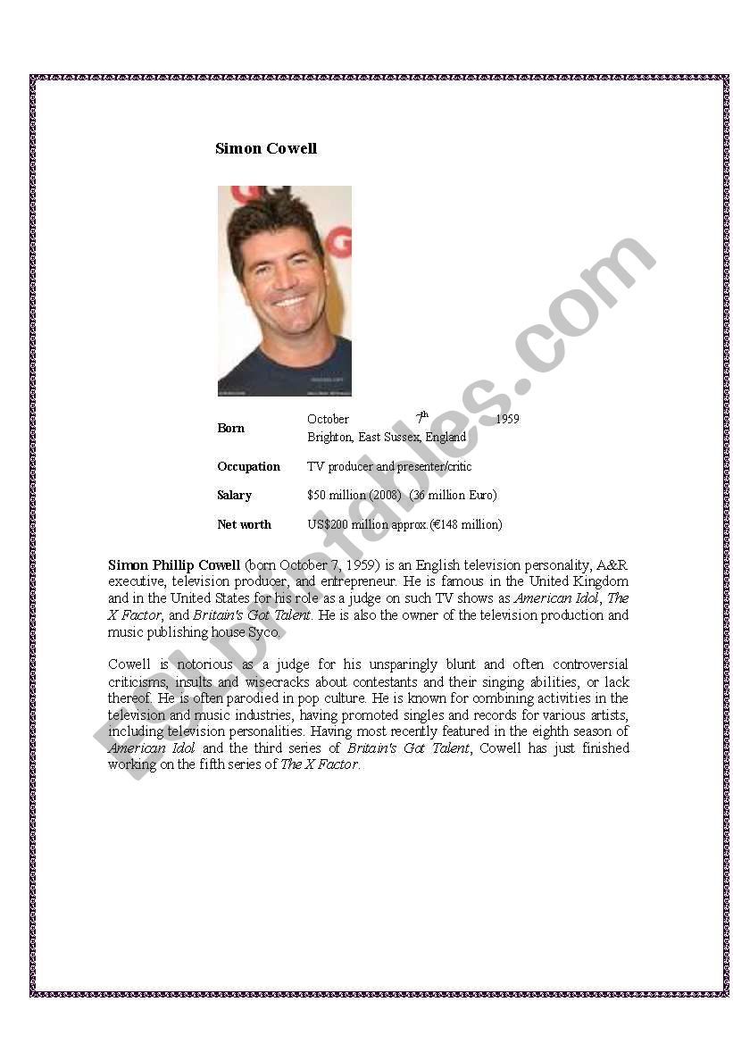 Simon Cowell Worksheet worksheet