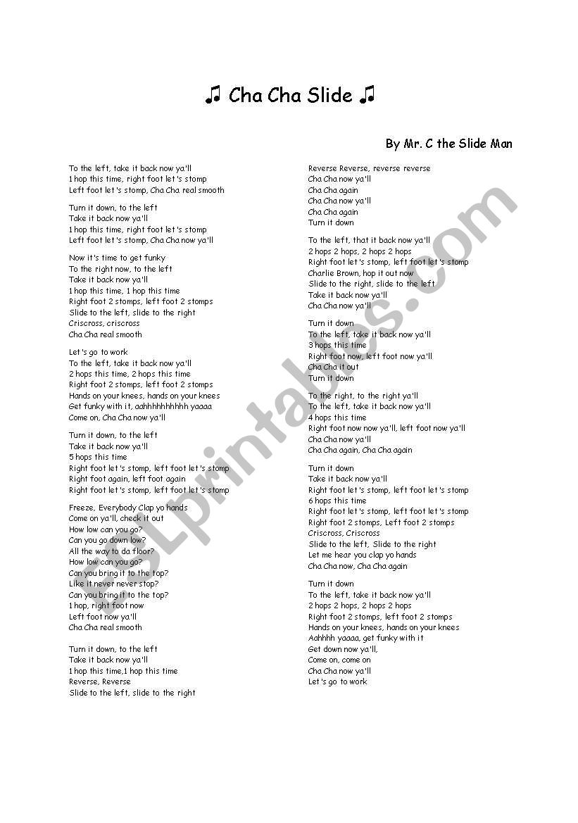 Cha Cha slide worksheet