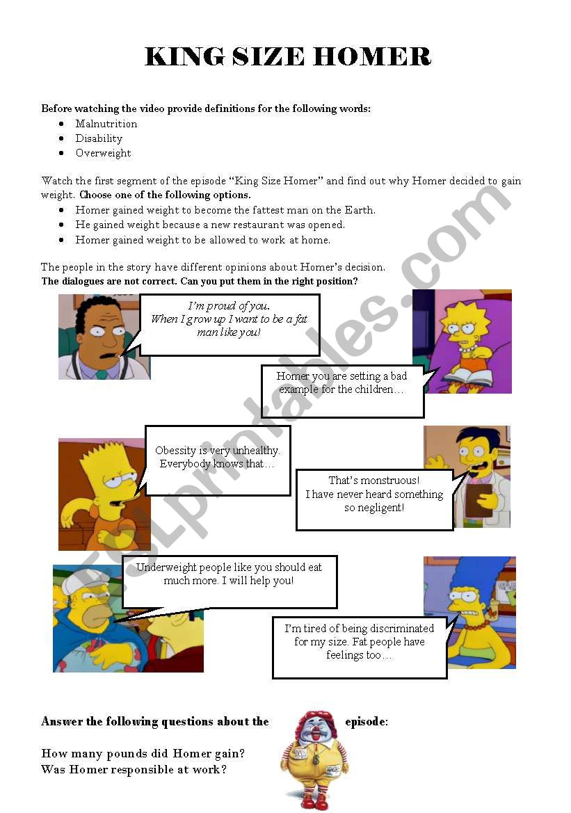 The Simpsons: King Size Homer worksheet