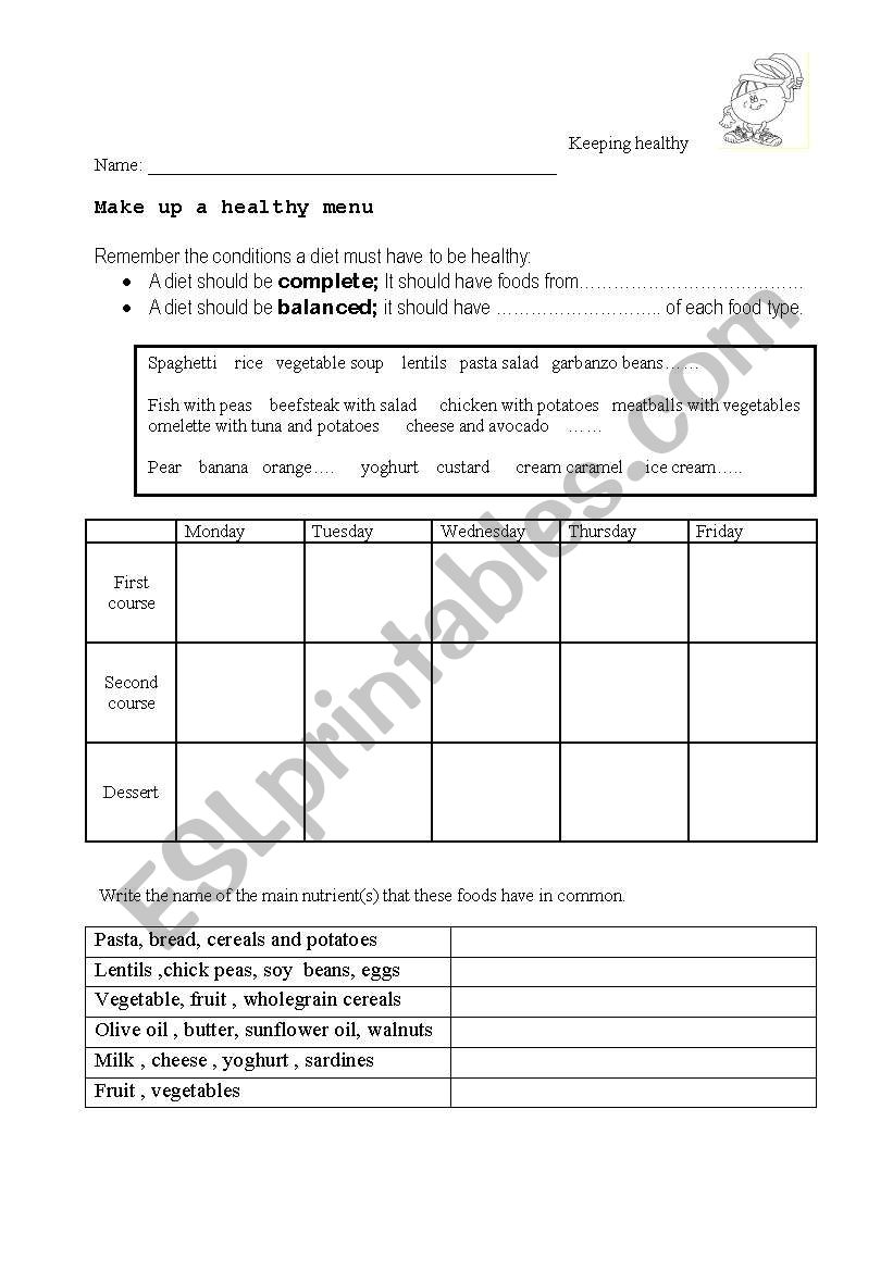 make up a healthy manu worksheet