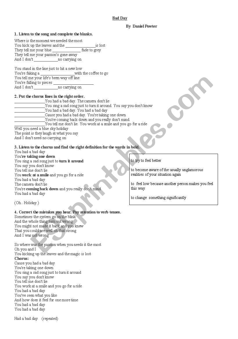 Bad Day By Daniel Powter worksheet