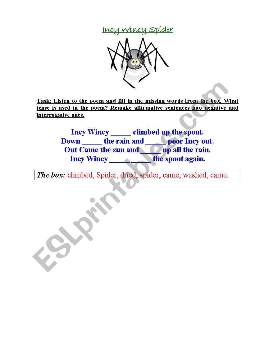 Incy Wincy Spider worksheet