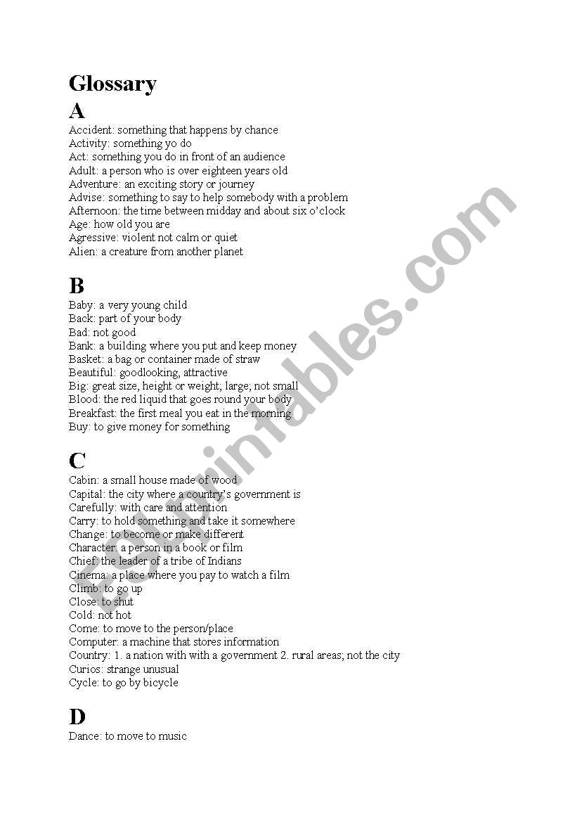 glossary worksheet