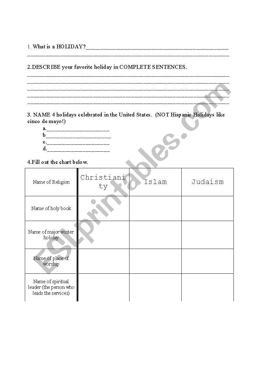 Holidays worksheet