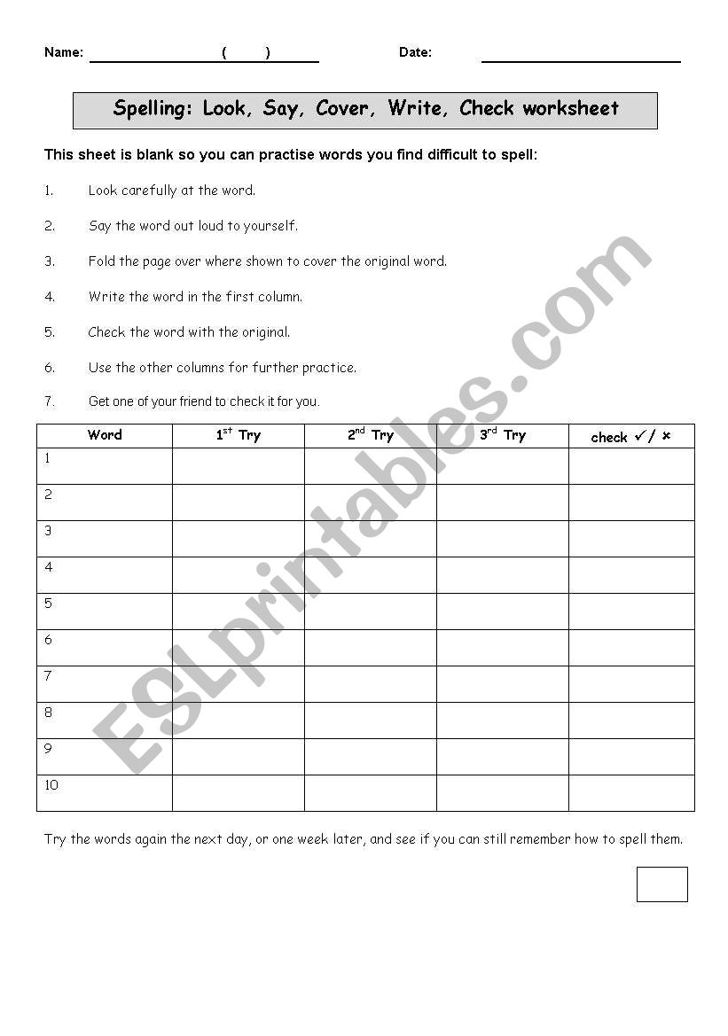 Look Cover Write and Check  worksheet