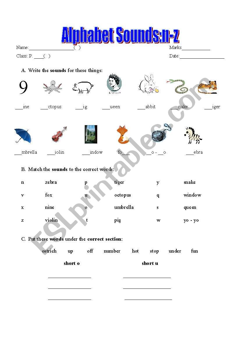 Phonics-Alphabet Sounds n-z worksheet