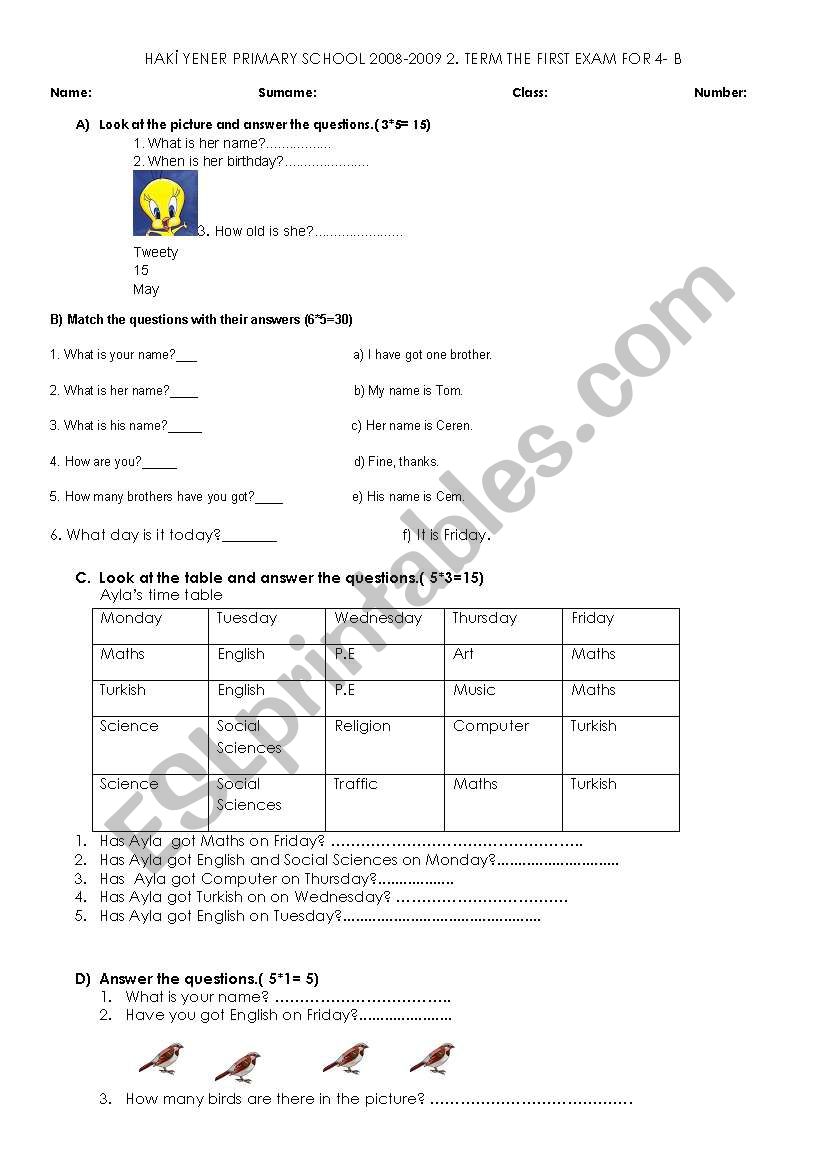 exam worksheet