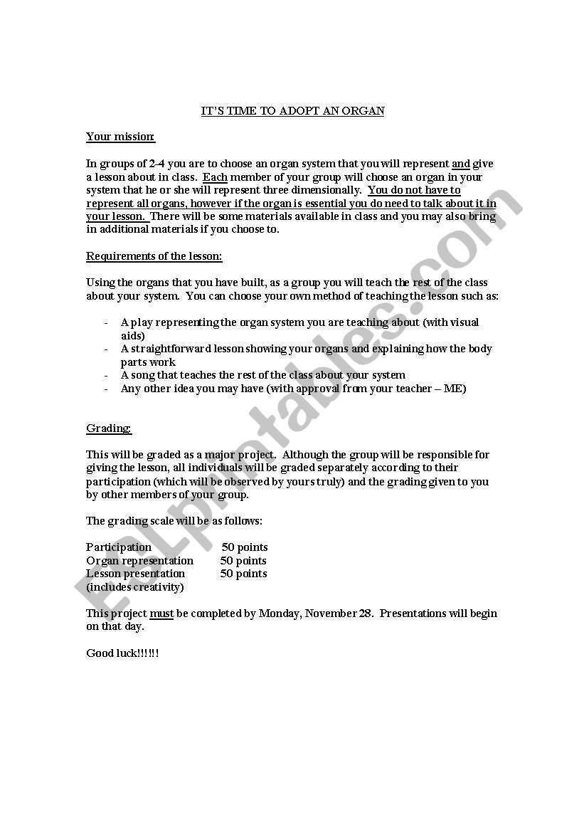 Adopt an organ worksheet