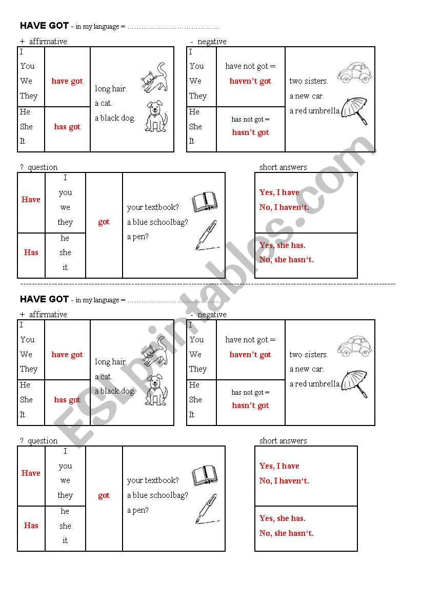 grammar chart - have got worksheet