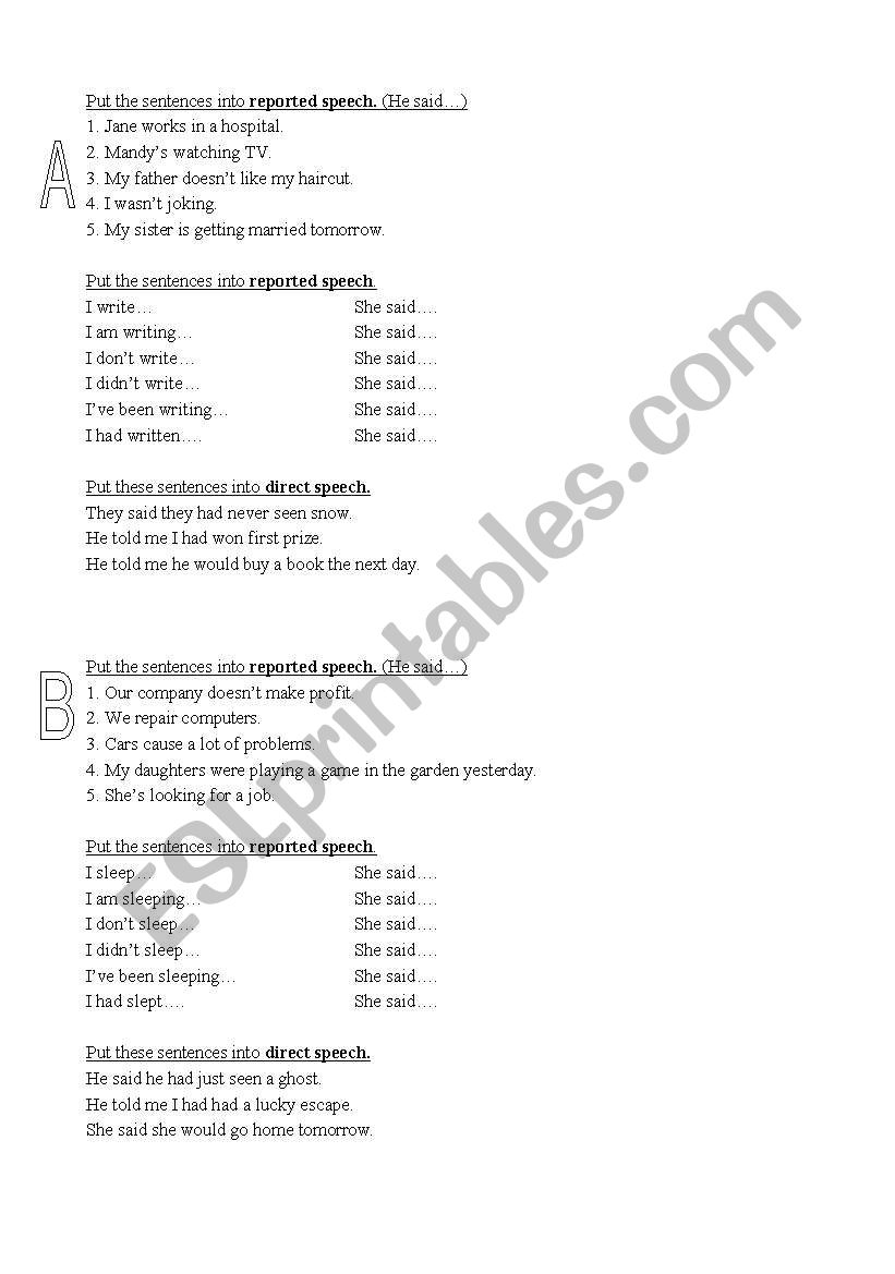 reported statements worksheet