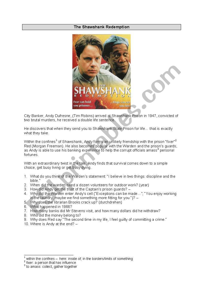 Movie: The Shawshank Redemption - 2 pages with key