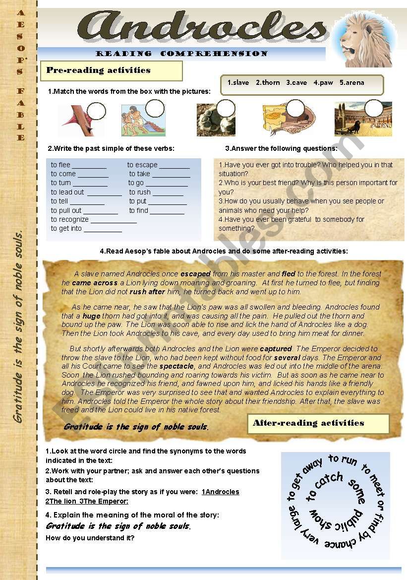 ANDROCLES (AESOPÂ´S FABLE) - READING COMPREHENSION FOR TEENS AND ADULTS (for pre-intermediate and intermediate students)