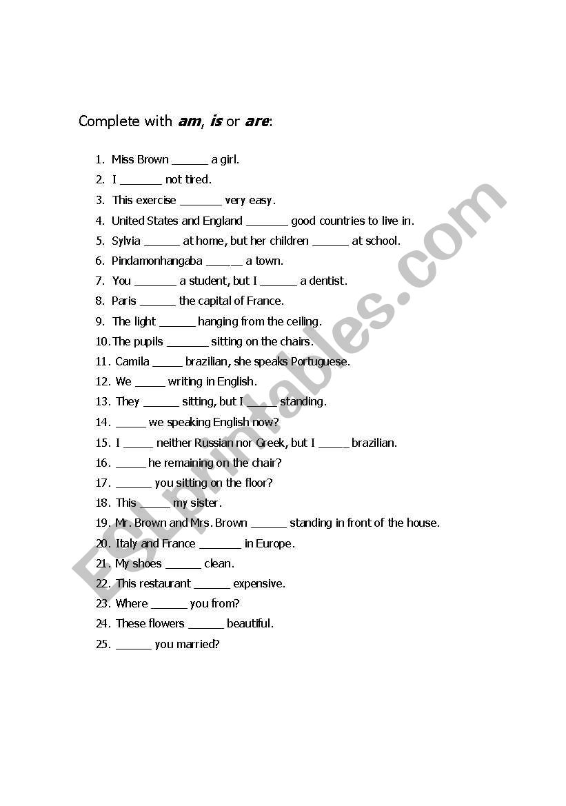 Am, Is or Are worksheet