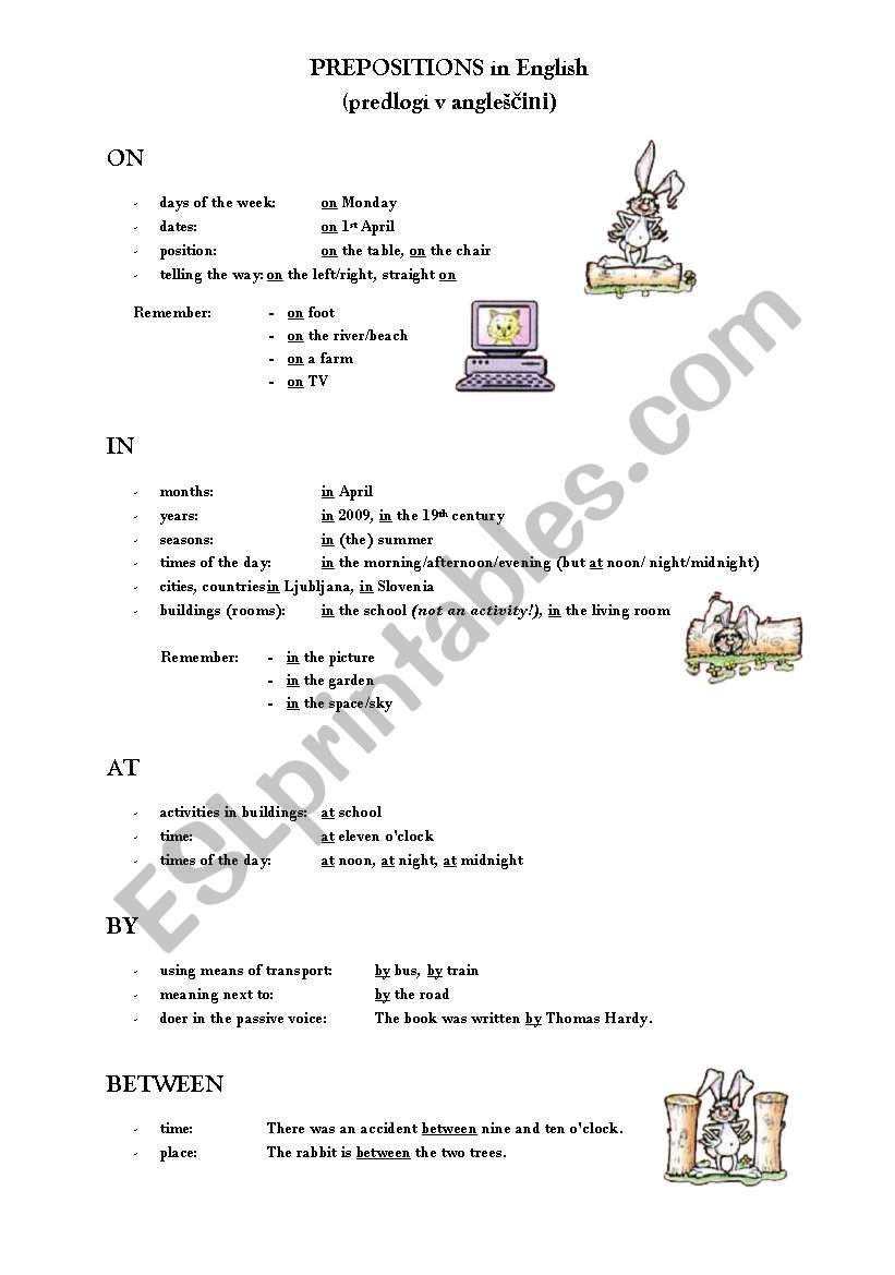 Prepositions - overview worksheet