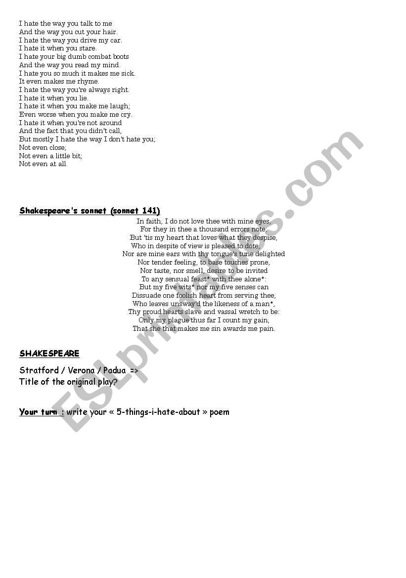 Study Of 10 Things I Hate About You Esl Worksheet By Marie