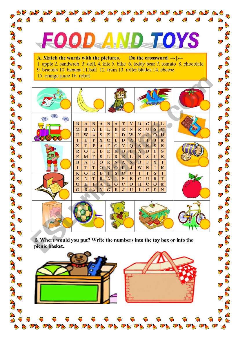 Food and toys-matching, crossword, grouping