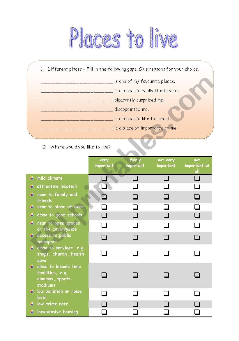 Places to live - 3 pages with extra information for teachers