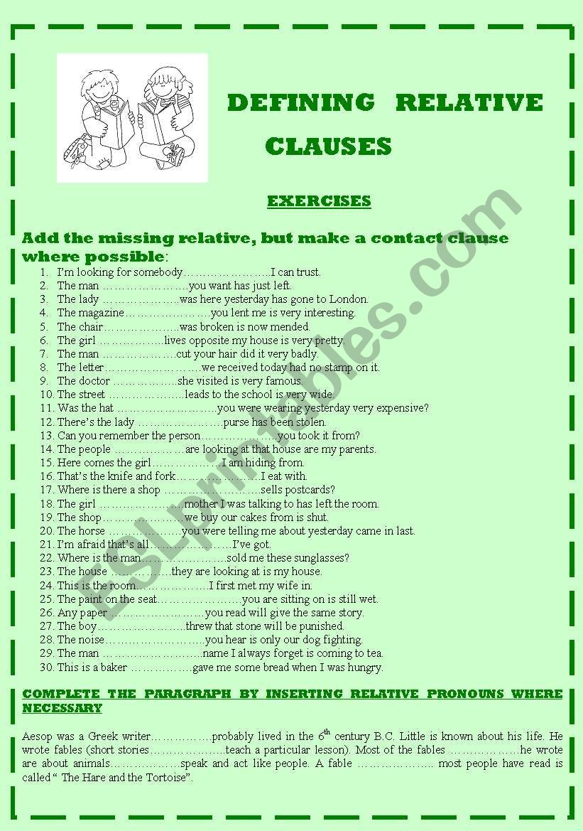 DEFINING RELATIVE CLAUSES worksheet