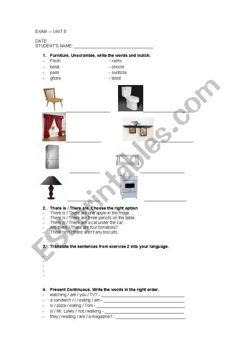 BASIC ENGLISH EXAM - Present continuous, adverbs of frequency, furniture vocabulary