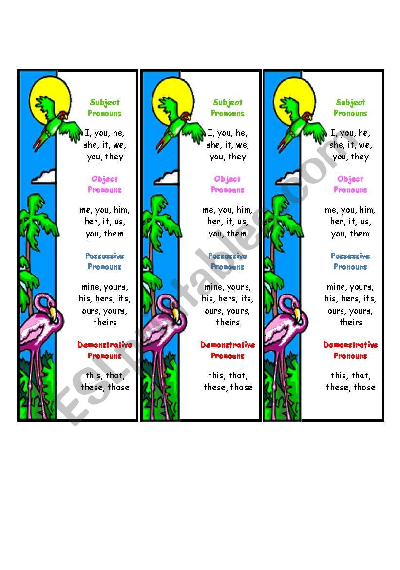 Pronoun Bookmarks (More parts of speech bookmarks are available in other files.)