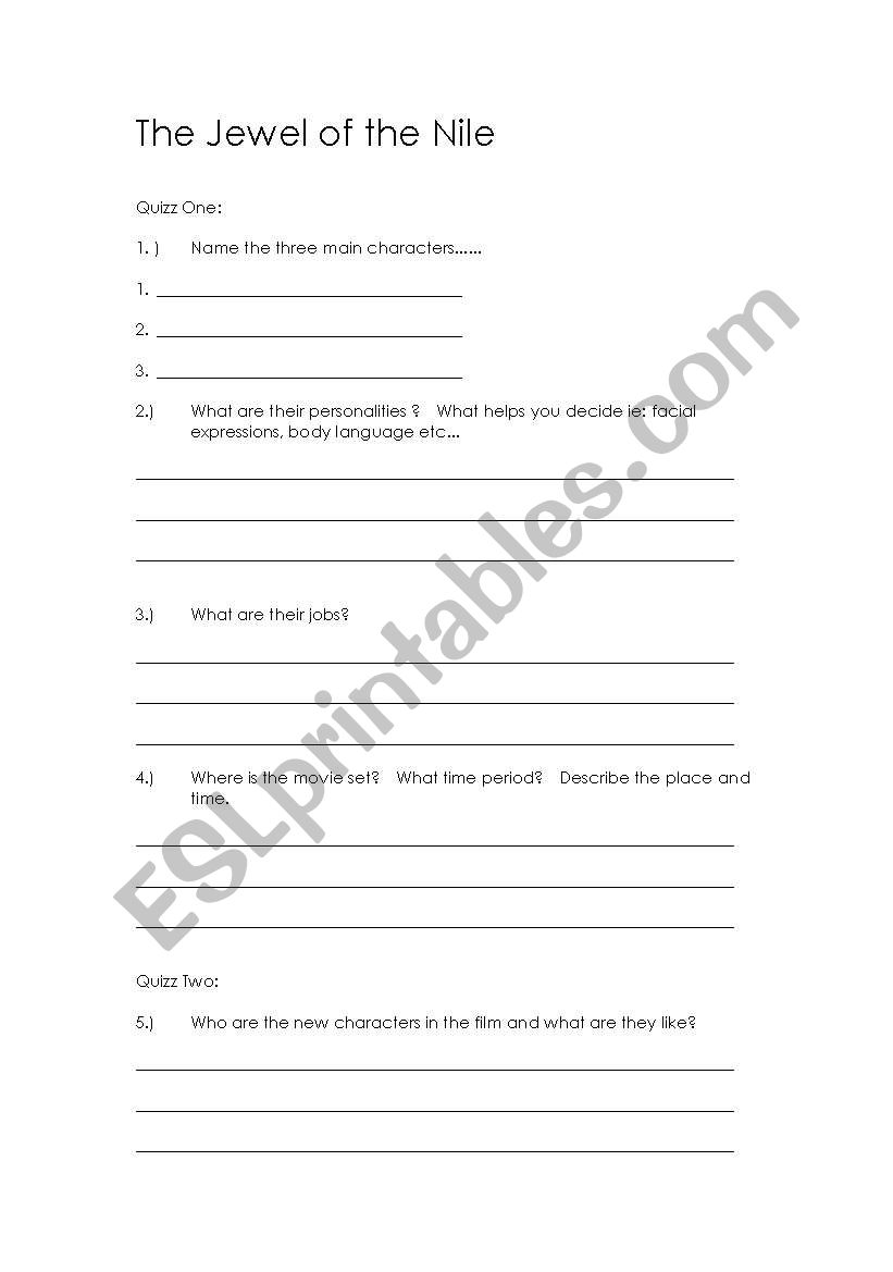 Jewel of the Nile Worksheet worksheet