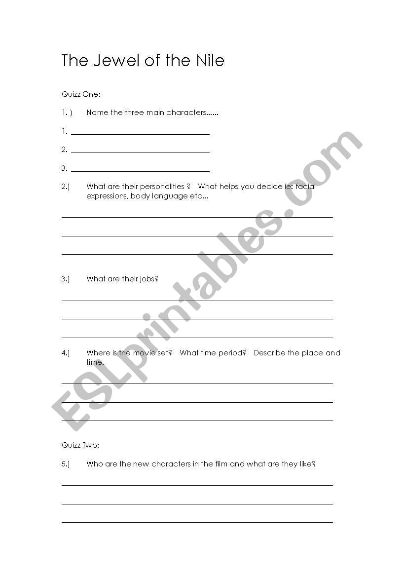 Jewel of the Nile Worksheet worksheet