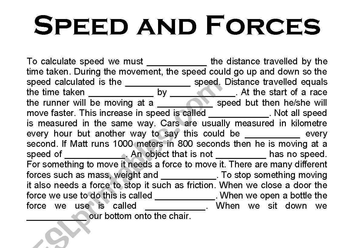 Speed and Forces worksheet