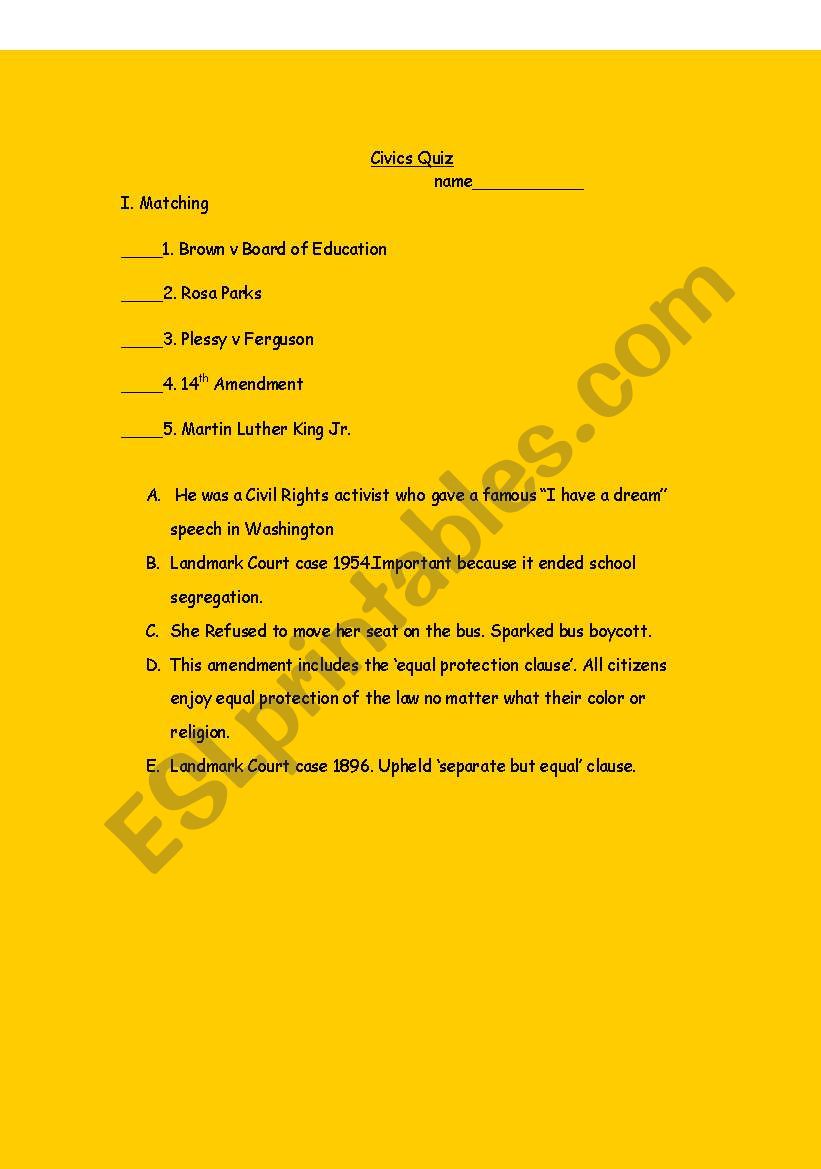 Civil Rights Quiz worksheet