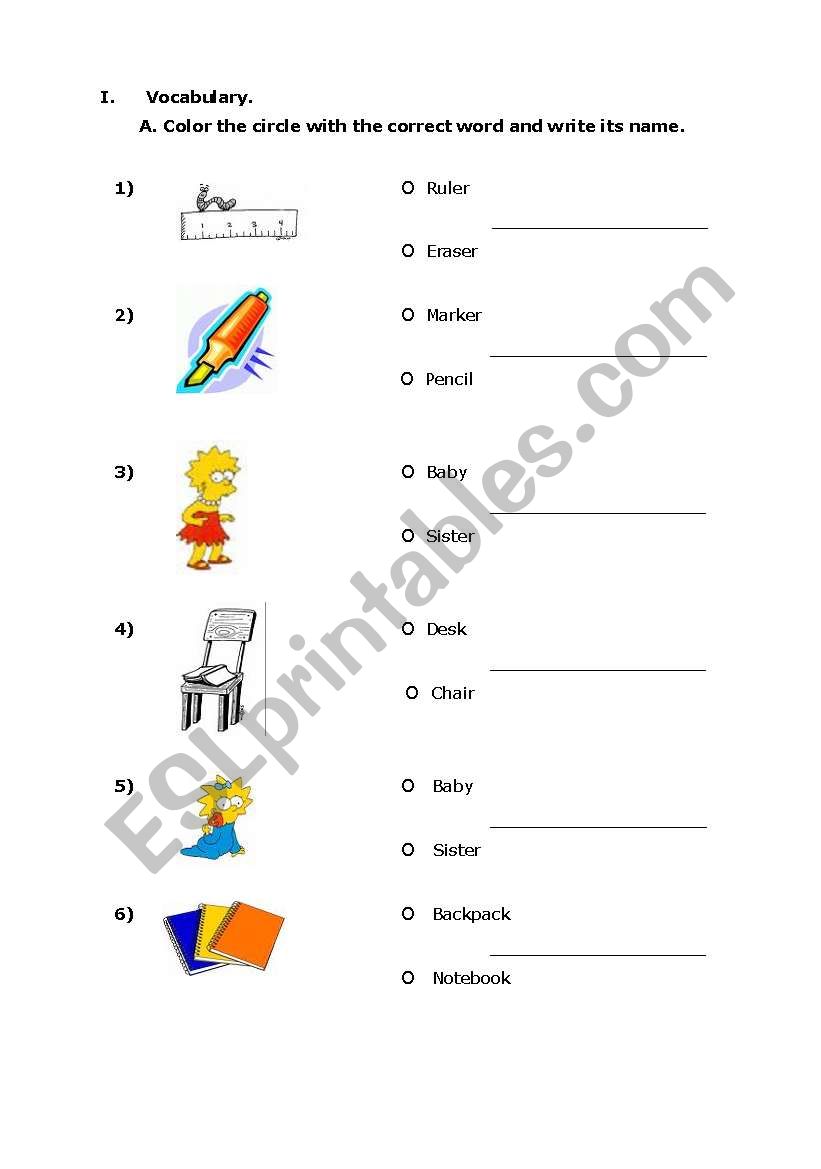 classroom onjects worksheet