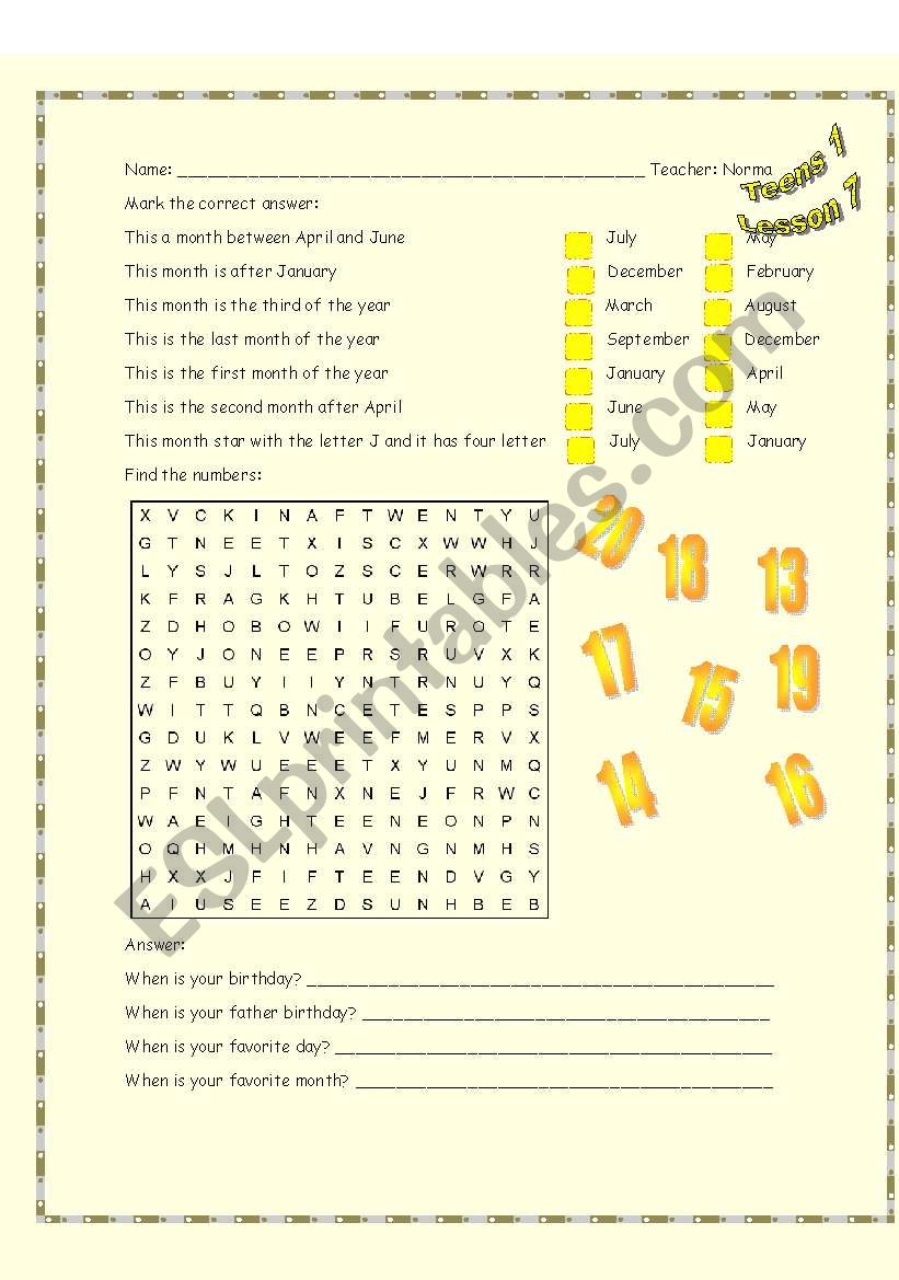 MOnths and Numbes worksheet