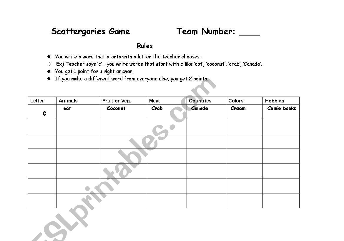 Scattergories game worksheet