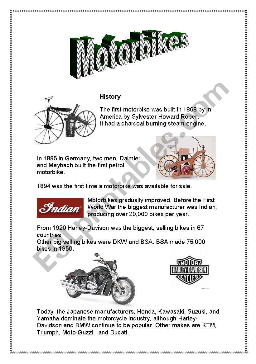 Motorbikes worksheet