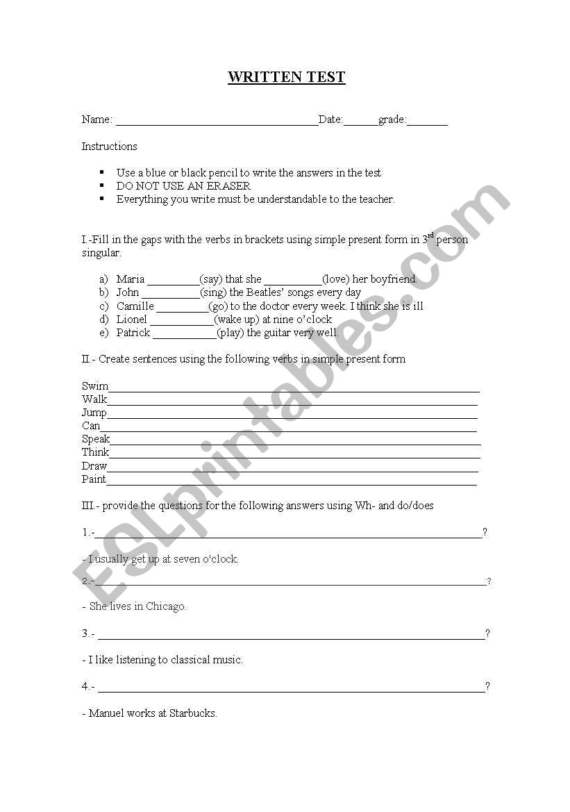 simple present written test  worksheet