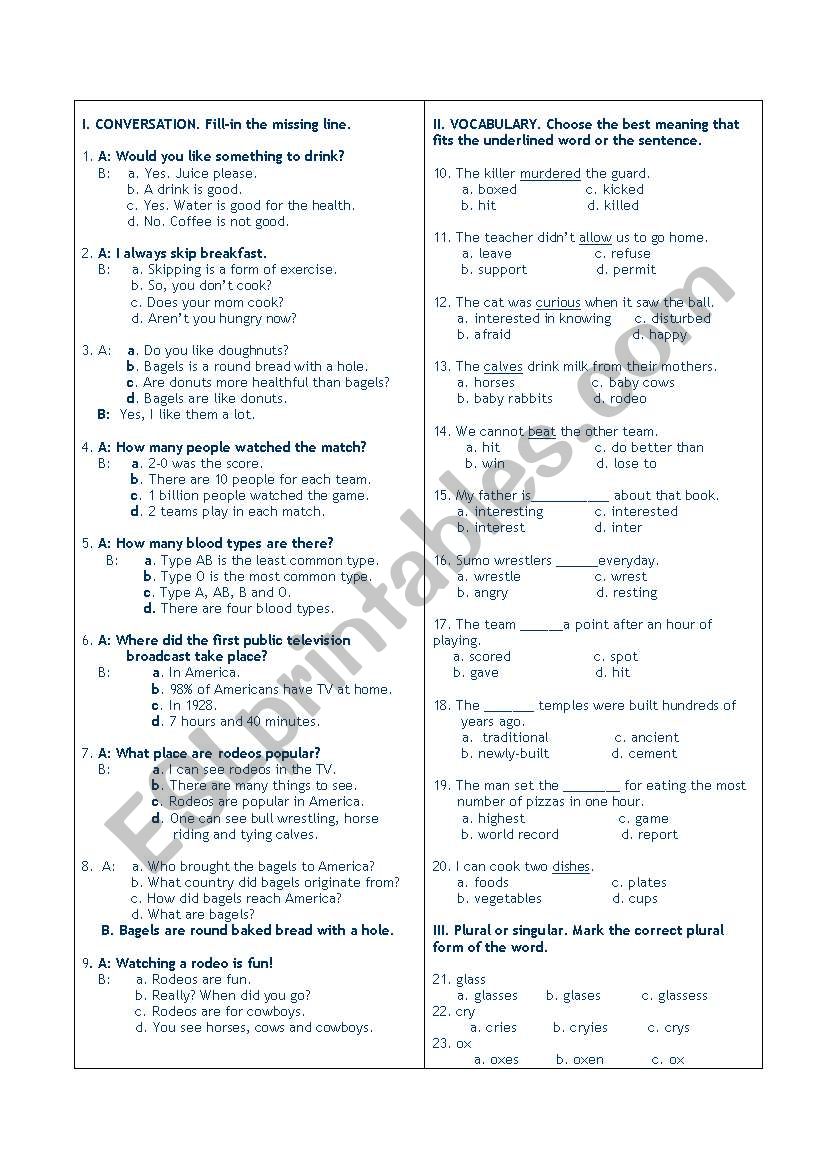 General ESL test worksheet