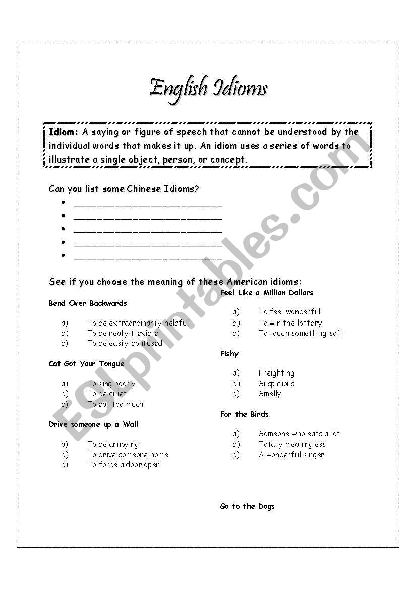 Idioms Lesson worksheet