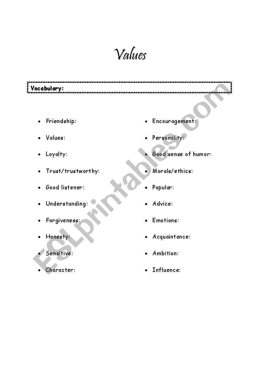 Values Lesson worksheet