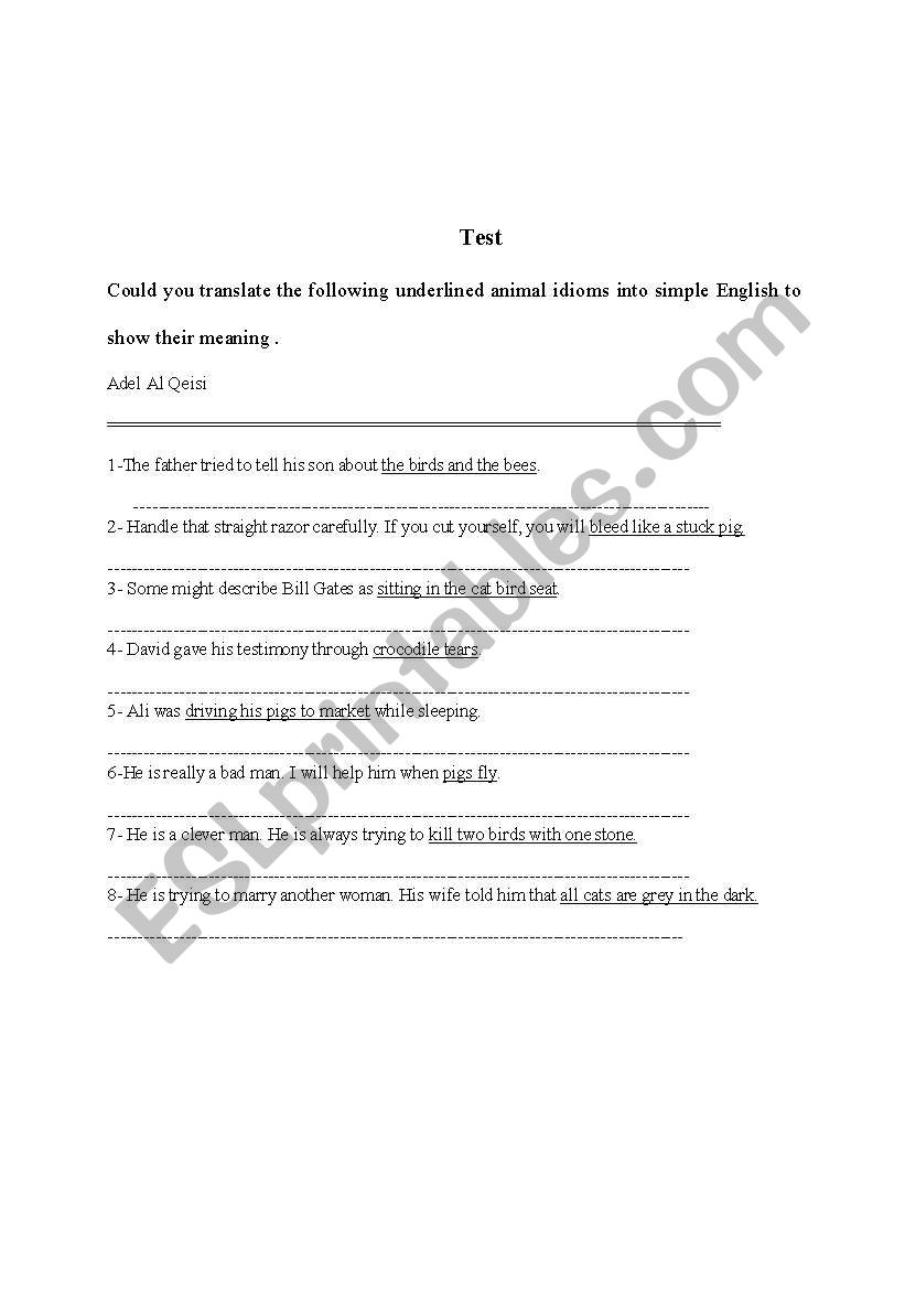 Test you idioms worksheet