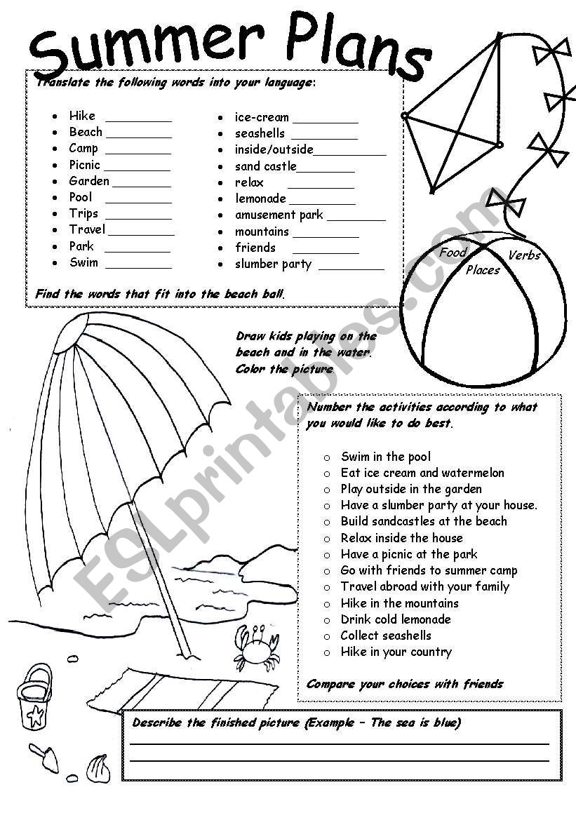 Summer Plans worksheet