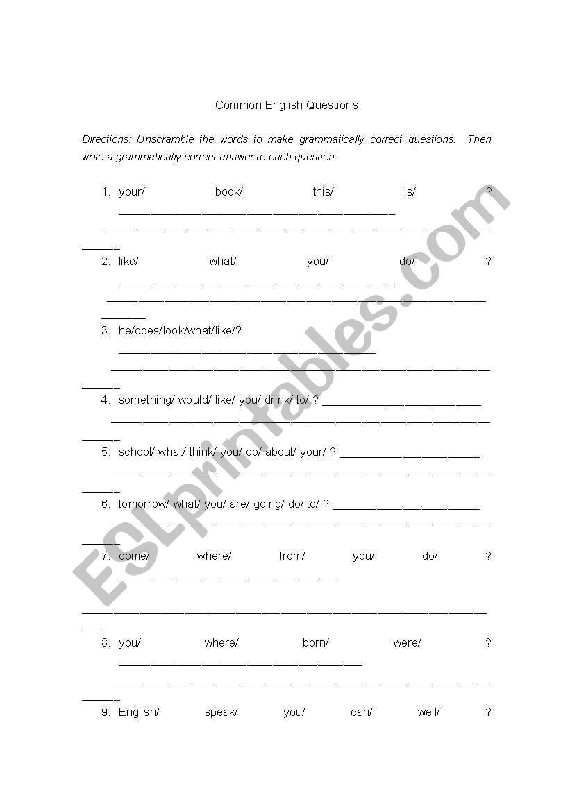 Common English Questions worksheet