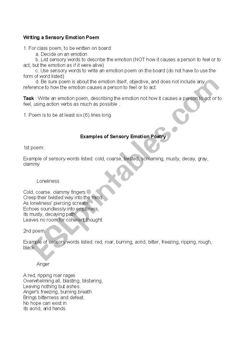 Writing a sensory emotion poem