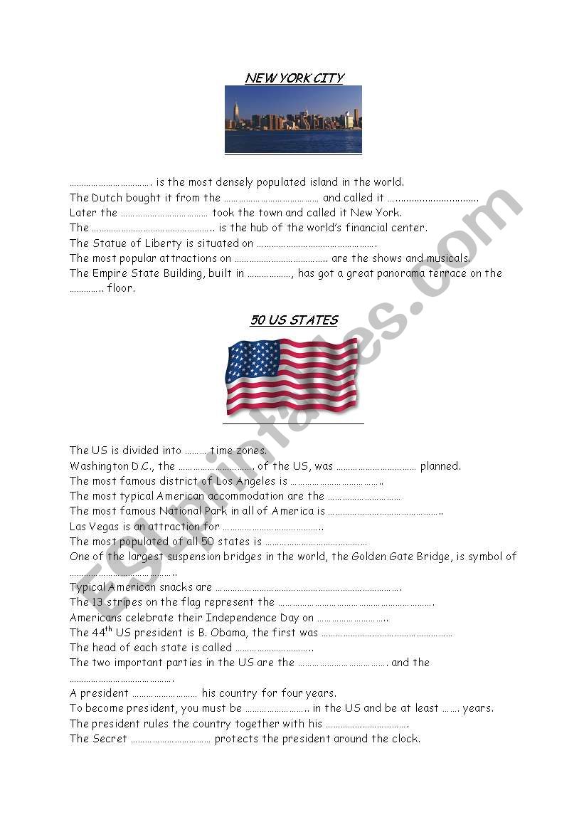 New York City and the USA worksheet