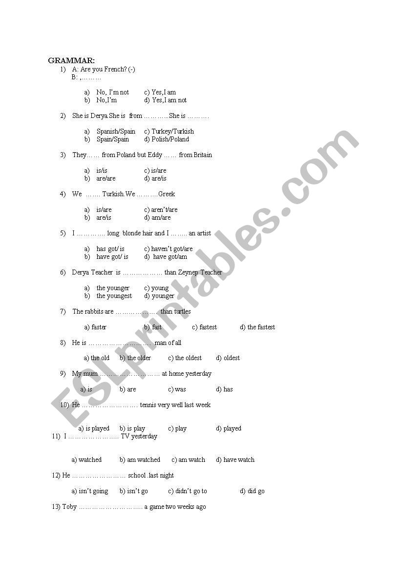 test on adjectives -tenses worksheet