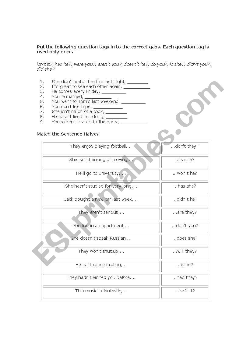 Tag Questions quiz worksheet