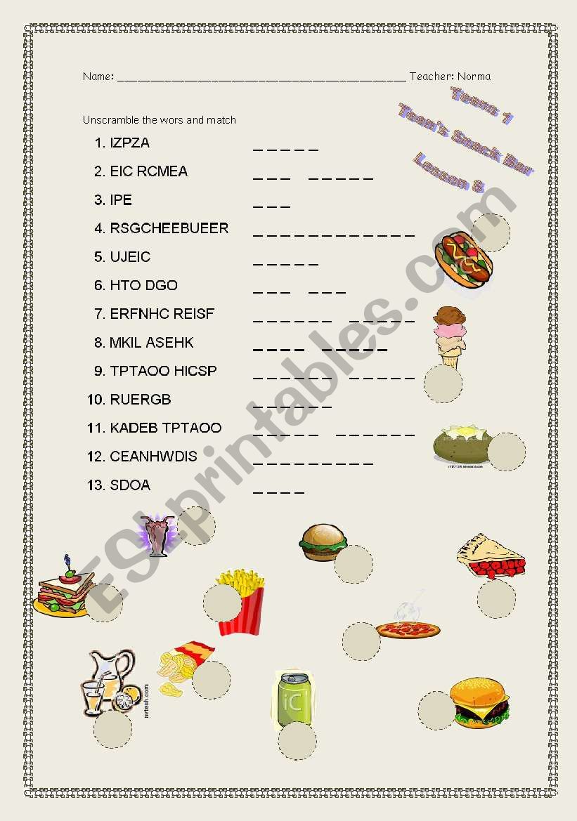 Teens Snack Bar worksheet