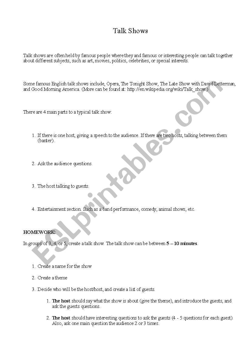 Talk Shows worksheet