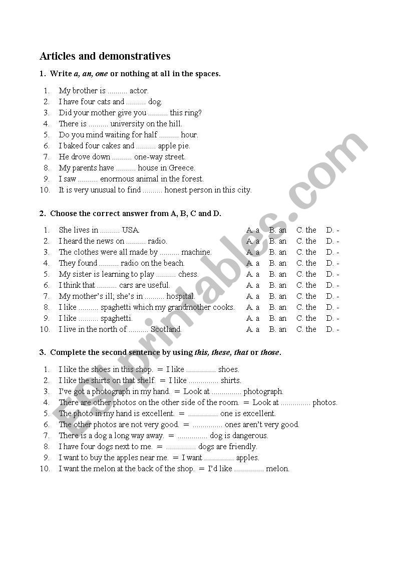 Articles and demonstratives worksheet