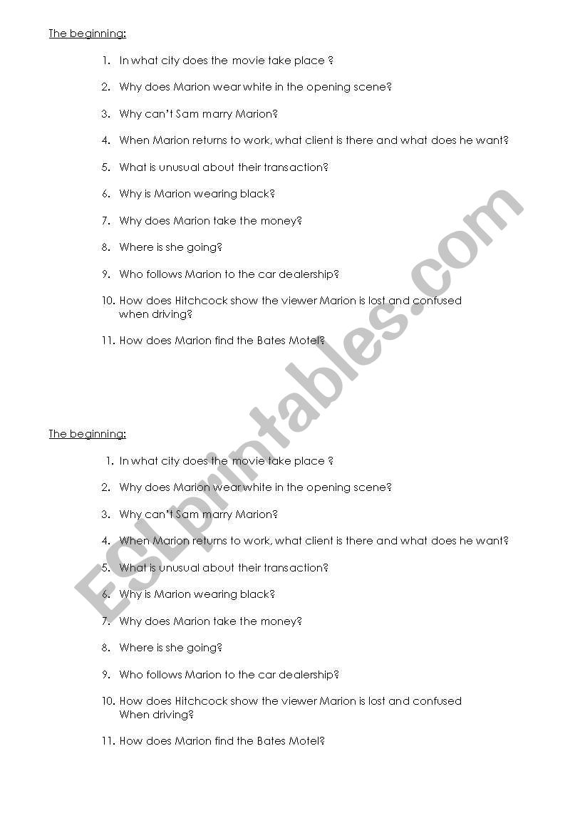 Psycho 1 worksheet